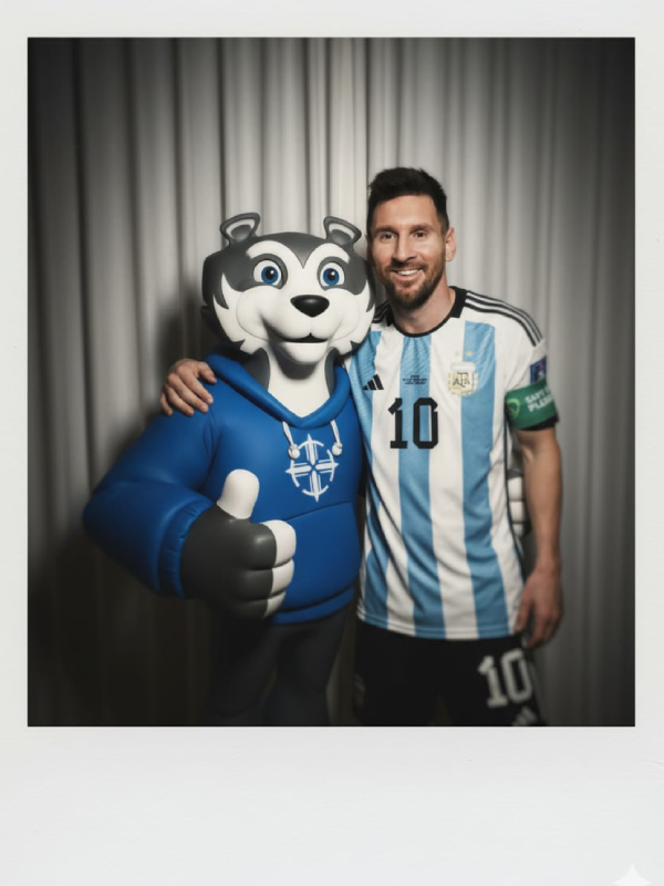 Oso Aurelio junto a Messi. Imagen realizada con IA, estilo polaroid.